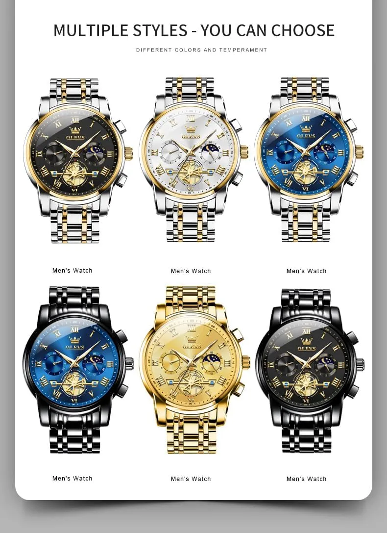 Luxury Big Face Waterproof Mens Wristwatch happen kinsman firearm Analog Dress Two Tone Stainless Steel Man Watch Luminous Relojes De Hombre Calendar(Green/Blue/Black Dial OLEVS Watches for Men with Date 