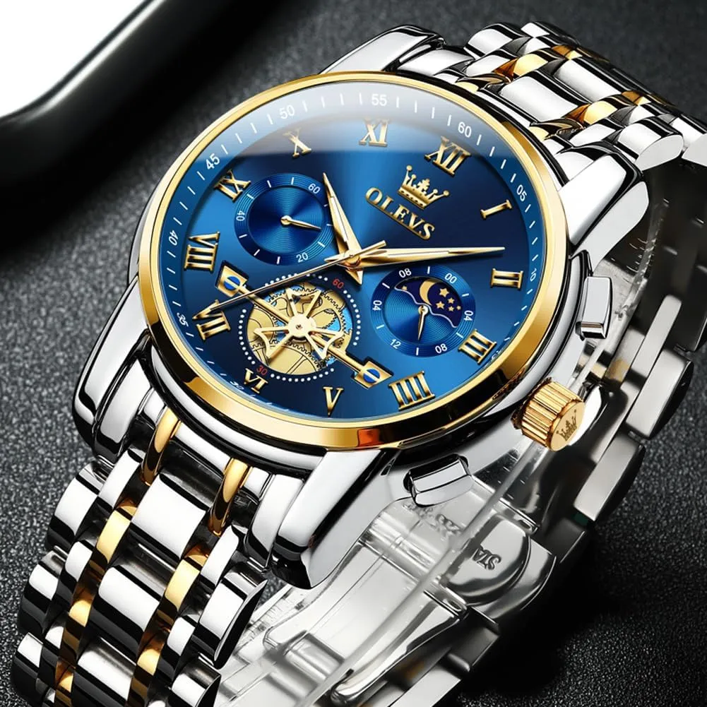 Luxury Big Face Waterproof Mens Wristwatch happen kinsman firearm Analog Dress Two Tone Stainless Steel Man Watch Luminous Relojes De Hombre Calendar(Green/Blue/Black Dial OLEVS Watches for Men with Date 