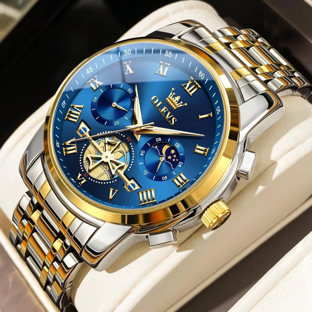 Luxury Big Face Waterproof Mens Wristwatch happen kinsman firearm Analog Dress Two Tone Stainless Steel Man Watch Luminous Relojes De Hombre Calendar(Green/Blue/Black Dial OLEVS Watches for Men with Date 