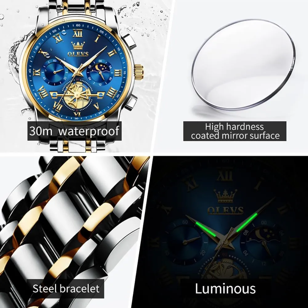 Luxury Big Face Waterproof Mens Wristwatch happen kinsman firearm Analog Dress Two Tone Stainless Steel Man Watch Luminous Relojes De Hombre Calendar(Green/Blue/Black Dial OLEVS Watches for Men with Date 