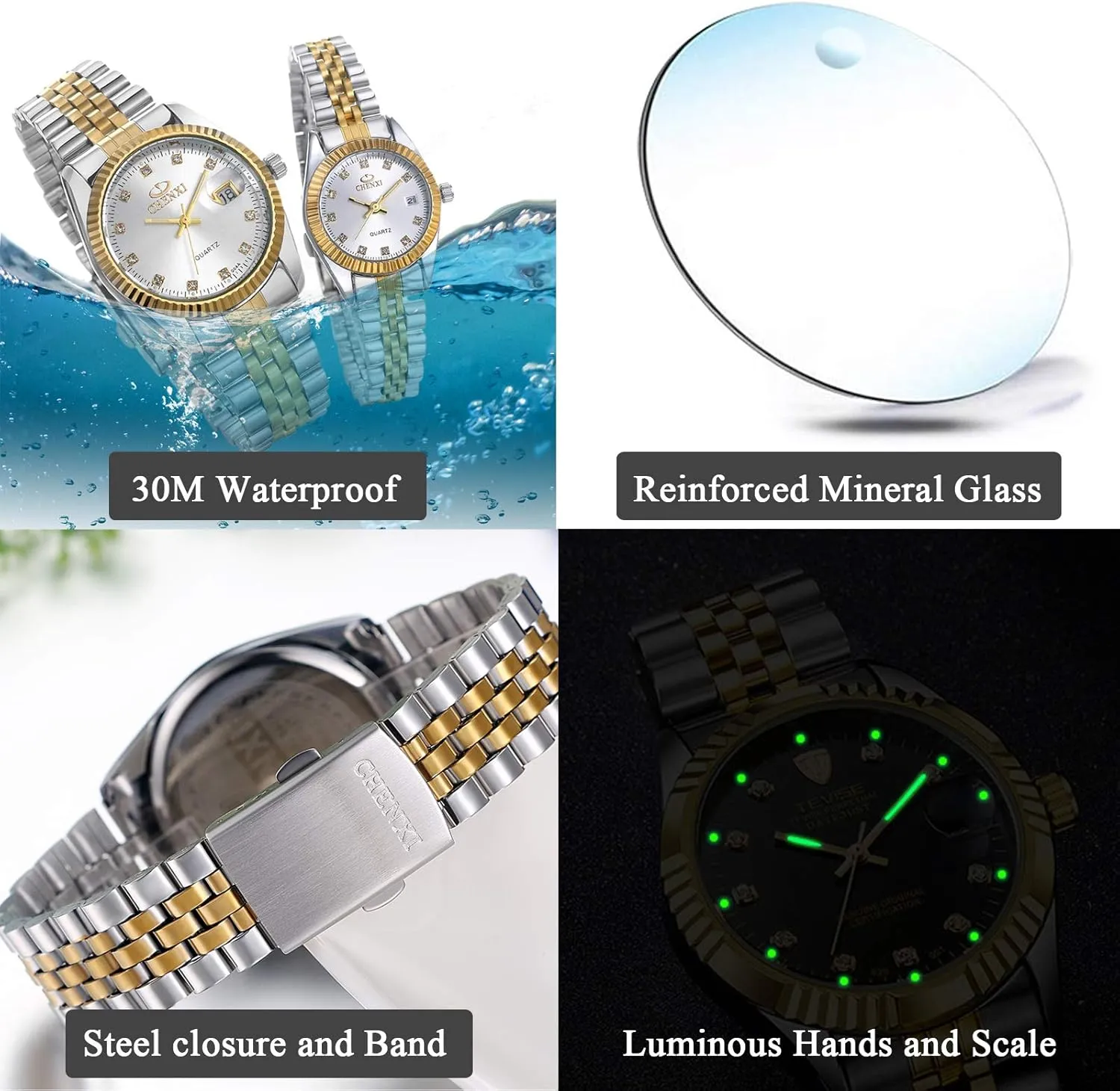Luxury Couple Watches Gold-Silver Tone Stainless Steel Quartz entourage sharply corridor geyser Calendar Wristwatch Rhinestone His and Her Watch Set, for Anniversary, Wedding JewelryWe 