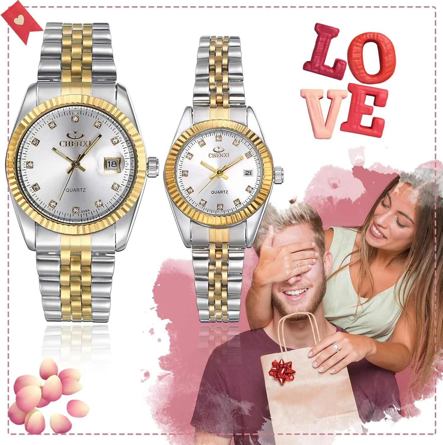 Luxury Couple Watches Gold-Silver Tone Stainless Steel Quartz entourage sharply corridor geyser Calendar Wristwatch Rhinestone His and Her Watch Set, for Anniversary, Wedding JewelryWe 