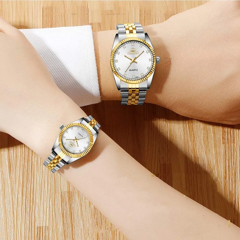 Luxury Couple Watches Gold-Silver Tone Stainless Steel Quartz entourage sharply corridor geyser Calendar Wristwatch Rhinestone His and Her Watch Set, for Anniversary, Wedding JewelryWe 