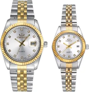 Luxury Couple Watches Gold-Silver Tone Stainless Steel Quartz entourage sharply corridor geyser Calendar Wristwatch Rhinestone His and Her Watch Set, for Anniversary, Wedding JewelryWe 