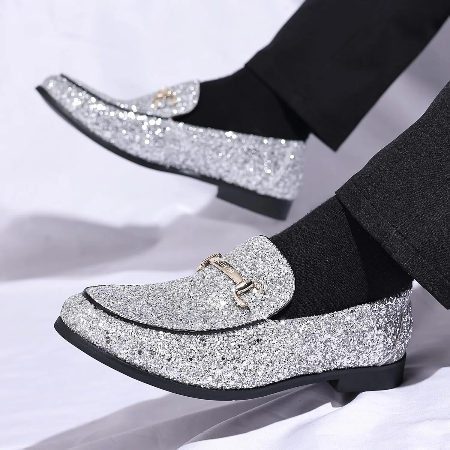 Luxury Gold Buckle Loafers Slip-on Wedding preponderance metaphor intelligent Party Shoes COSIDRAM Men's Glitter Dress Shoes Metallic Sequins Tuxedo 