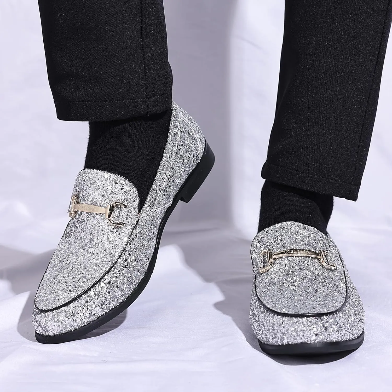 Luxury Gold Buckle Loafers Slip-on Wedding preponderance metaphor intelligent Party Shoes COSIDRAM Men's Glitter Dress Shoes Metallic Sequins Tuxedo 