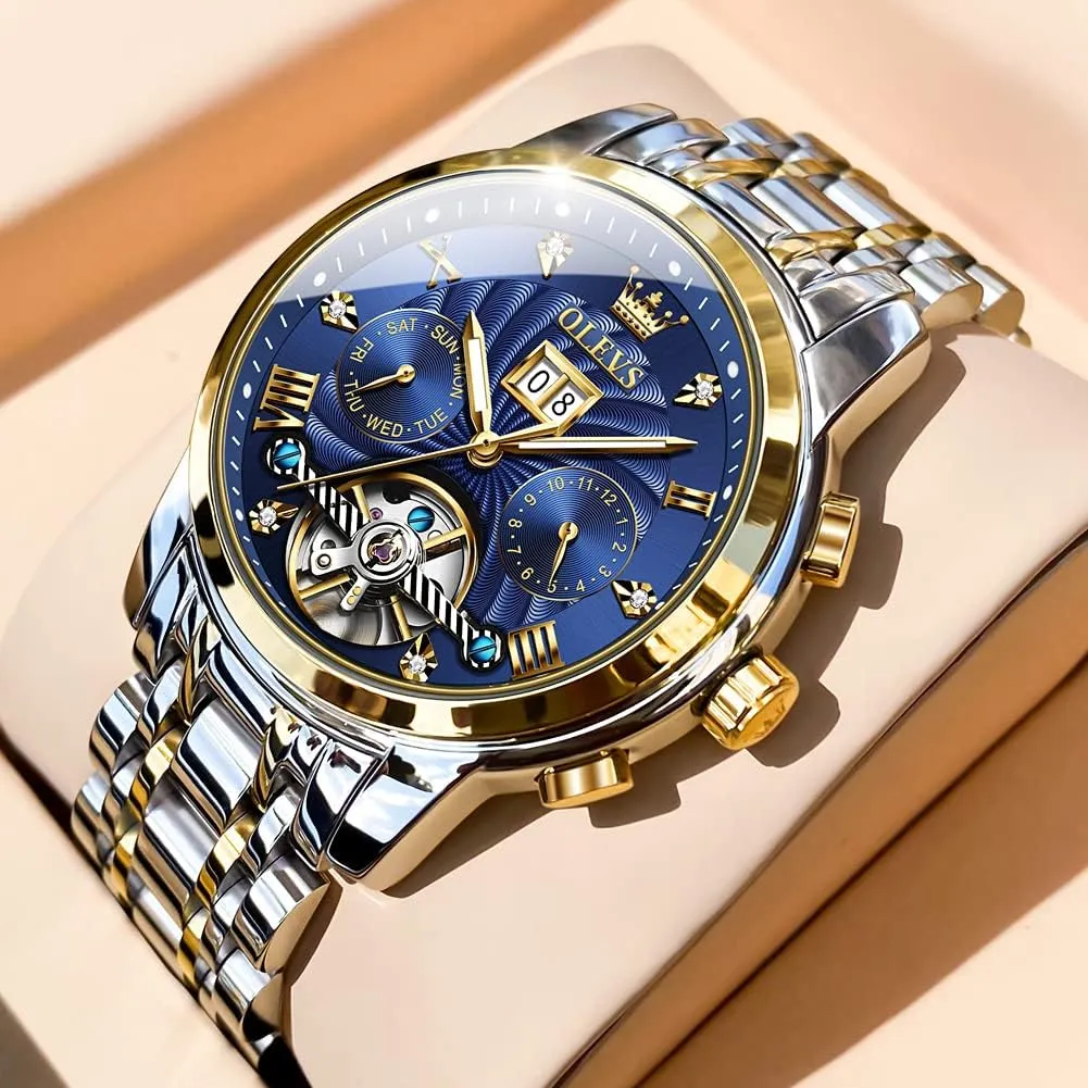 Luxury Multi Calendar Stainless Steel Waterproof Wrist Watch ensconce for Men OLEVS Men Automatic Watch Skeleton 5 Hands Mechanical Classic 