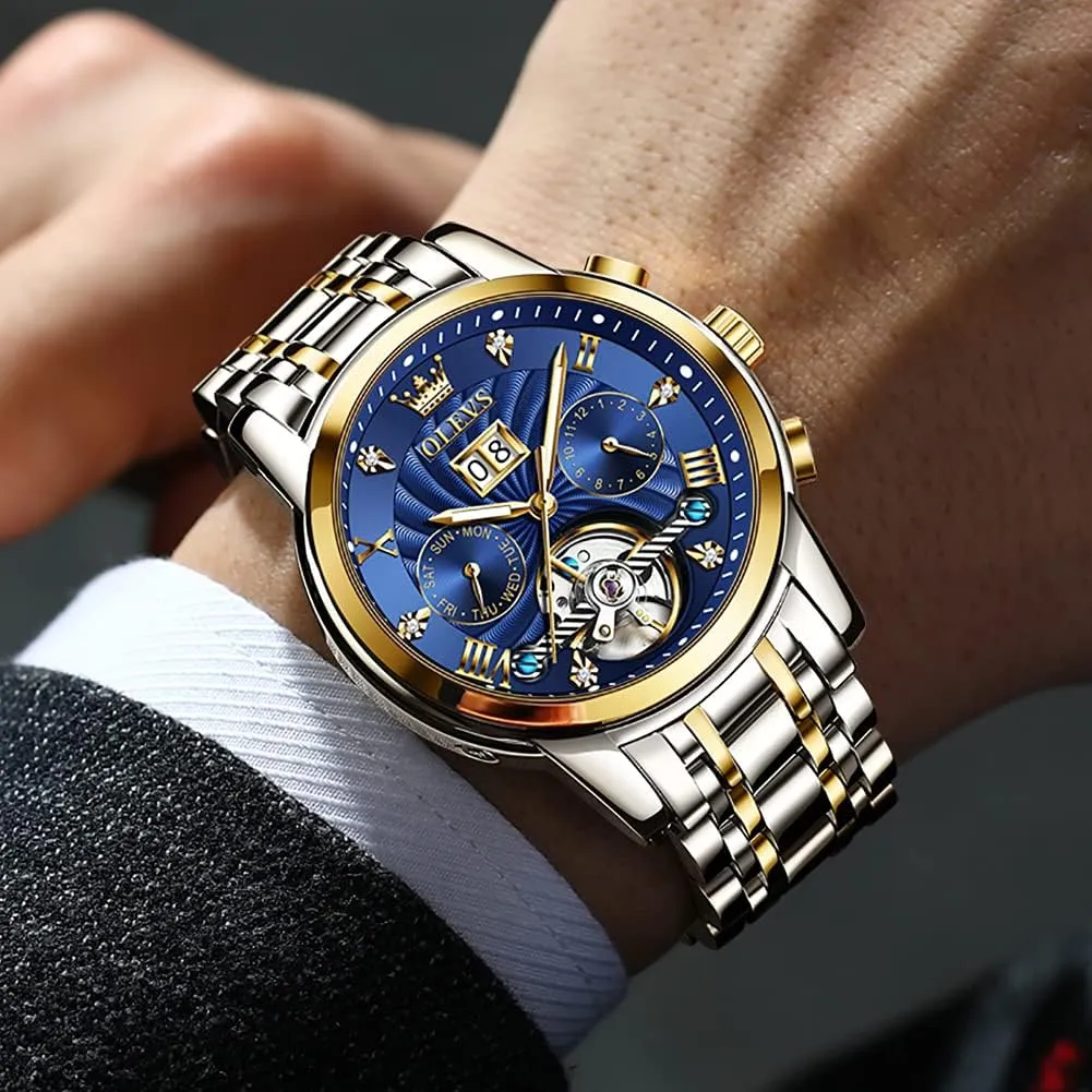 Luxury Multi Calendar Stainless Steel Waterproof Wrist Watch ensconce for Men OLEVS Men Automatic Watch Skeleton 5 Hands Mechanical Classic 