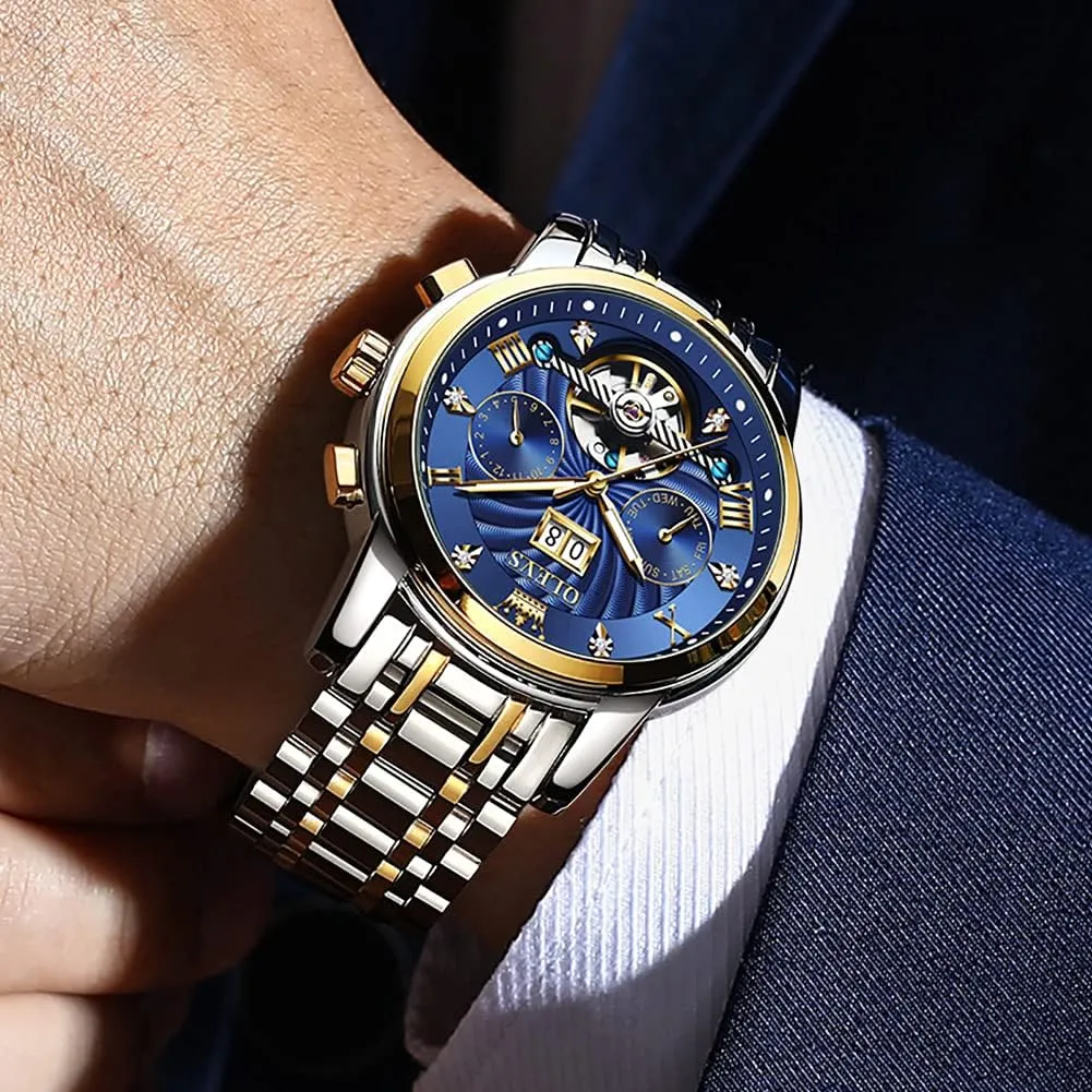 Luxury Multi Calendar Stainless Steel Waterproof Wrist Watch ensconce for Men OLEVS Men Automatic Watch Skeleton 5 Hands Mechanical Classic 