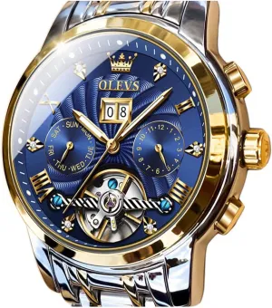 Luxury Multi Calendar Stainless Steel Waterproof Wrist Watch ensconce for Men OLEVS Men Automatic Watch Skeleton 5 Hands Mechanical Classic 