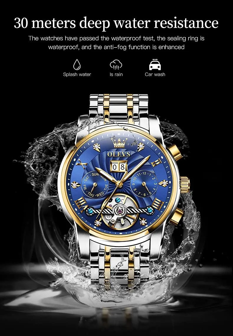 Luxury Multi Calendar Stainless Steel Waterproof Wrist Watch ensconce for Men OLEVS Men Automatic Watch Skeleton 5 Hands Mechanical Classic 