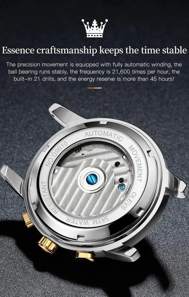 Luxury Multi Calendar Stainless Steel Waterproof Wrist Watch ensconce for Men OLEVS Men Automatic Watch Skeleton 5 Hands Mechanical Classic 