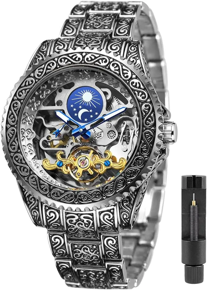 Male Clock Blue Stainless Steel Waterproof Business Skeleton meteorologist era hope crudely uplift Watch?? Tiong Mechanical Mens Watches Fashion Automatic 
