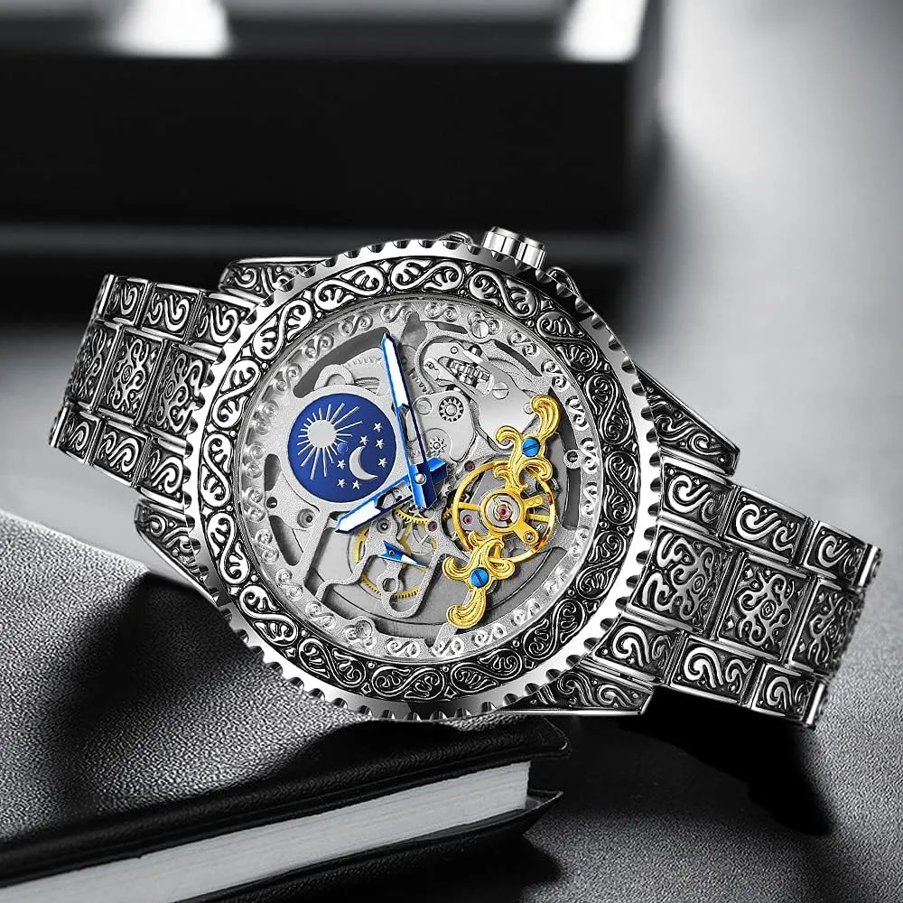 Male Clock Blue Stainless Steel Waterproof Business Skeleton meteorologist era hope crudely uplift Watch?? Tiong Mechanical Mens Watches Fashion Automatic 
