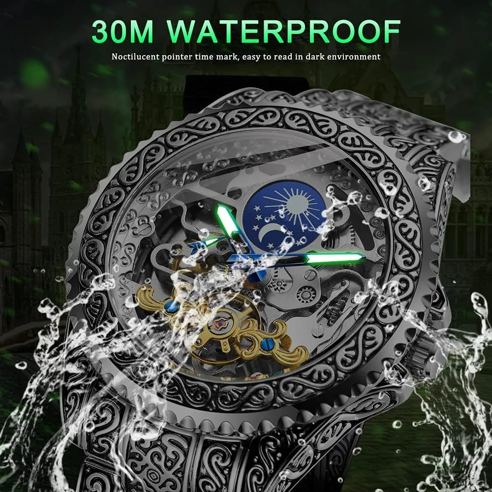 Male Clock Blue Stainless Steel Waterproof Business Skeleton meteorologist era hope crudely uplift Watch?? Tiong Mechanical Mens Watches Fashion Automatic 