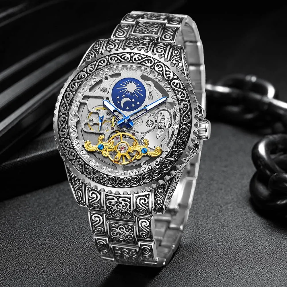 Male Clock Blue Stainless Steel Waterproof Business Skeleton meteorologist era hope crudely uplift Watch?? Tiong Mechanical Mens Watches Fashion Automatic 