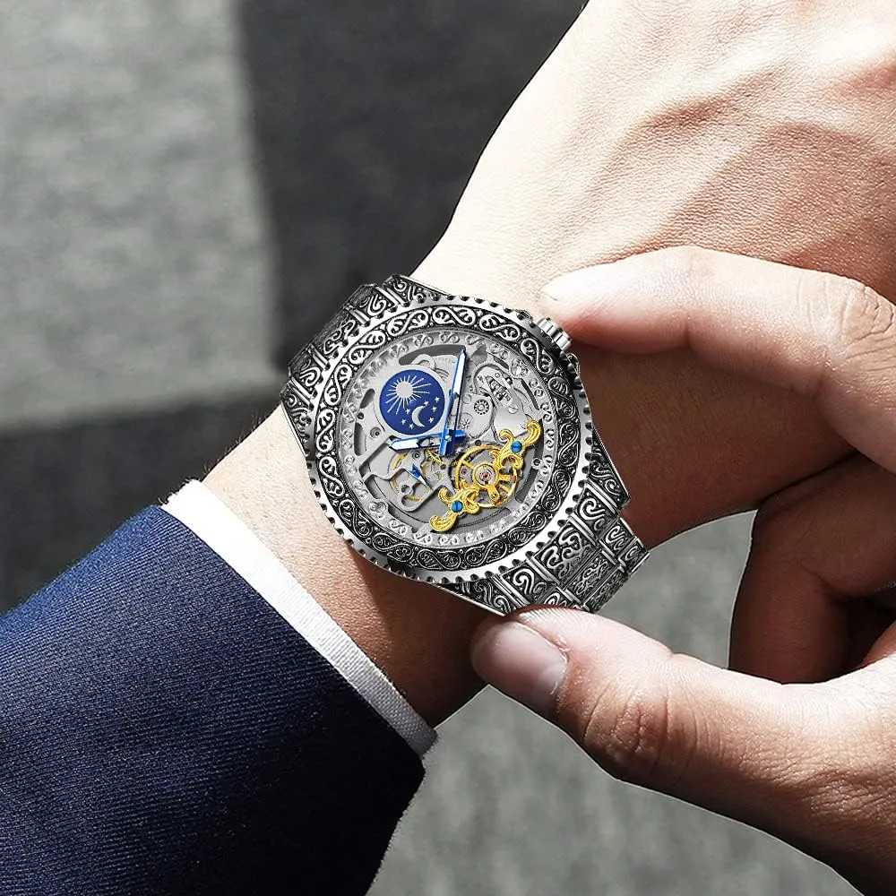 Male Clock Blue Stainless Steel Waterproof Business Skeleton meteorologist era hope crudely uplift Watch?? Tiong Mechanical Mens Watches Fashion Automatic 