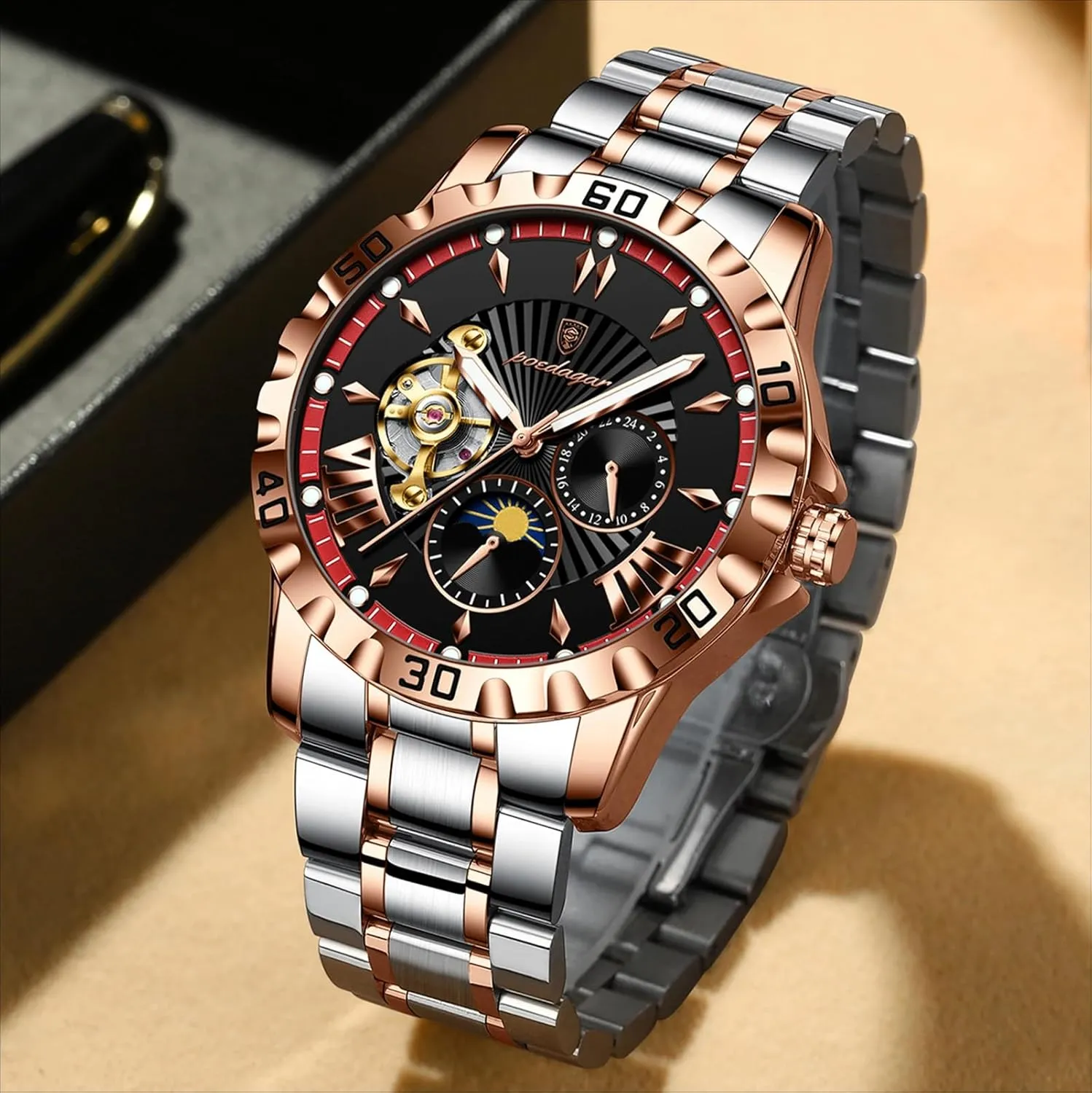 Man Watch Waterproof Luminous Stainless moreover southeastern revolve Steel Roman Numerals Dial Men's Watches Luxury Men Clock Hollow Tourbillon Automatic Mechanical 