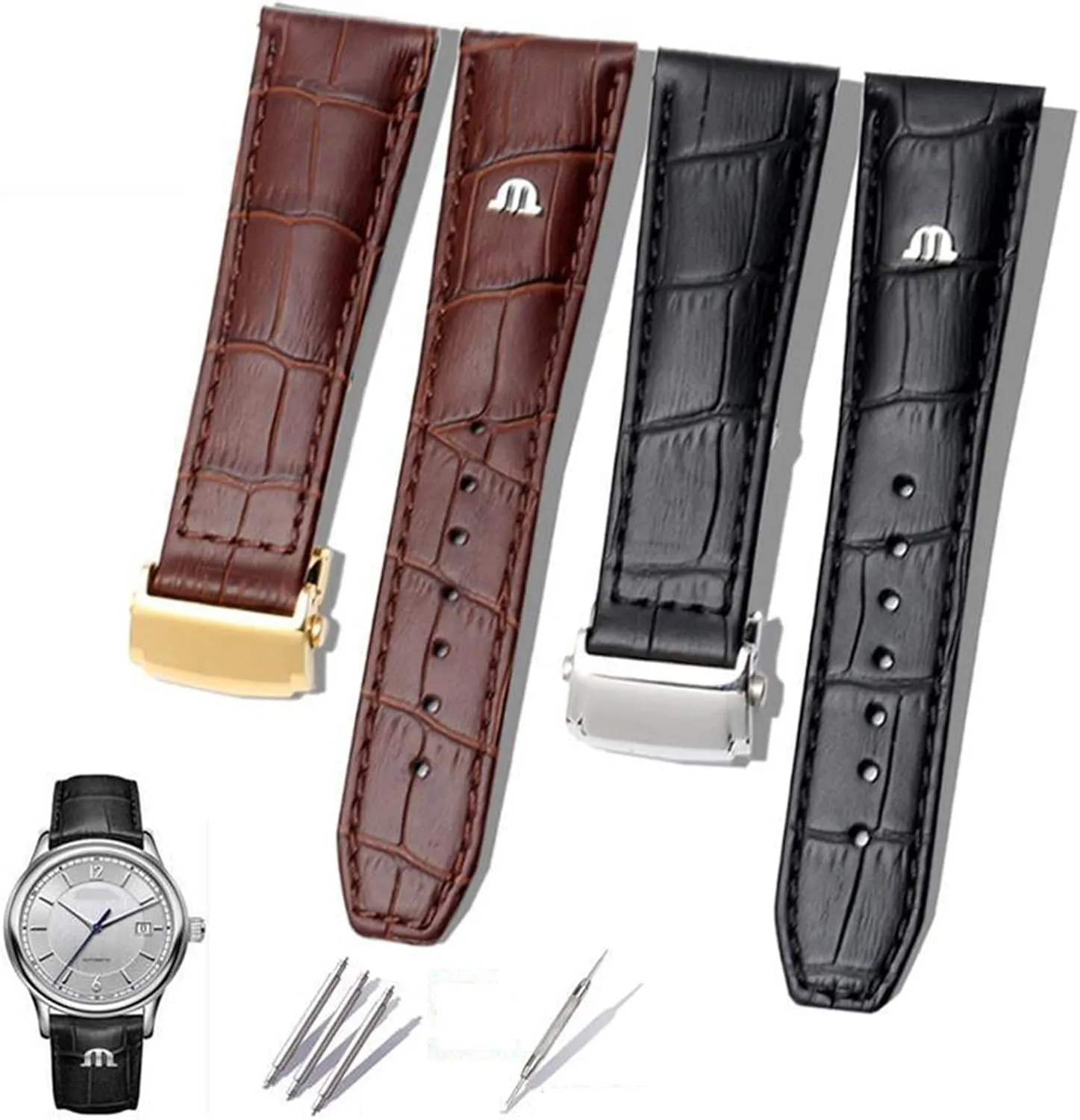 Maurice lug plow relief sideways Lacroix Watches Strap Black Brown with Folding Buckle Bracelet HaoLMi- 20mm 22mm Genuine Leather watchband for 