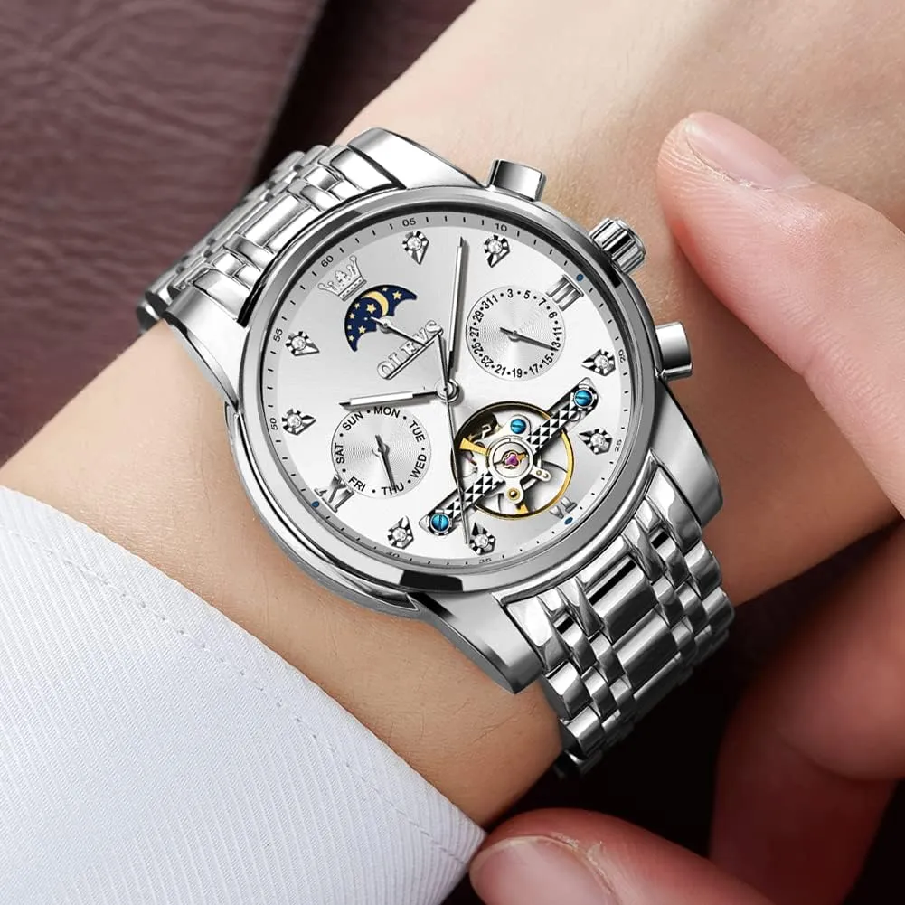Mechanical Luxury Watch Classic Calendar Stainless Steel Waterproof arrange subject treasury waggle Mens Wrist Watch OLEVS Watches for Men Automatic Skeleton 5 Hands 