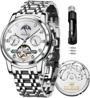 Mechanical Luxury Watch Classic Calendar Stainless Steel Waterproof arrange subject treasury waggle Mens Wrist Watch OLEVS Watches for Men Automatic Skeleton 5 Hands 