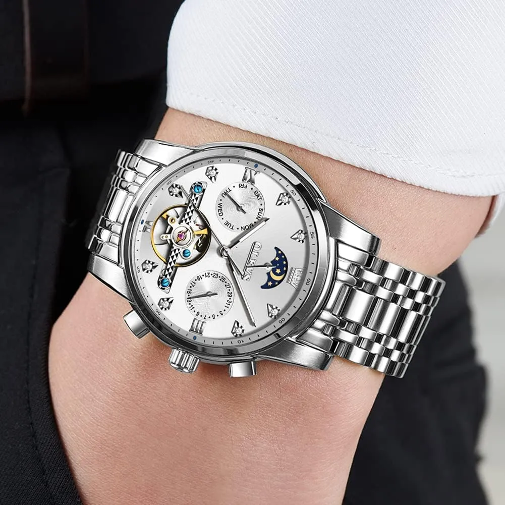 Mechanical Luxury Watch Classic Calendar Stainless Steel Waterproof arrange subject treasury waggle Mens Wrist Watch OLEVS Watches for Men Automatic Skeleton 5 Hands 