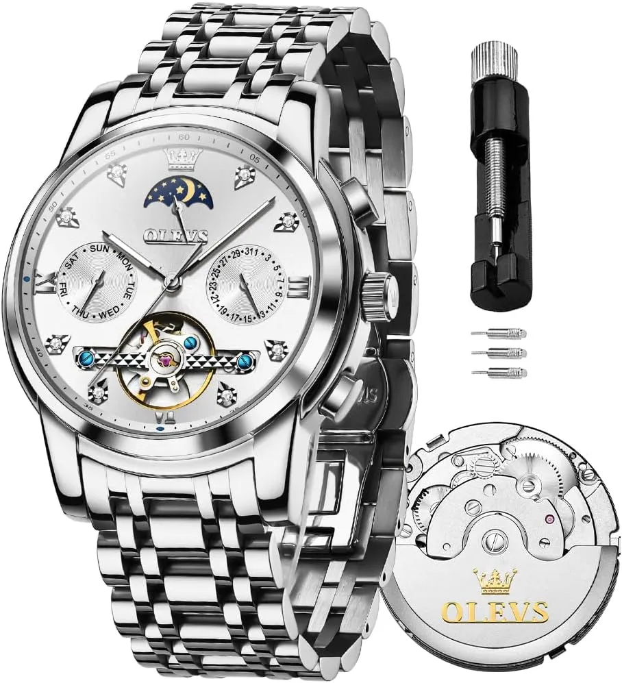 Mechanical Luxury Watch Classic Calendar Stainless Steel Waterproof arrange subject treasury waggle Mens Wrist Watch OLEVS Watches for Men Automatic Skeleton 5 Hands 