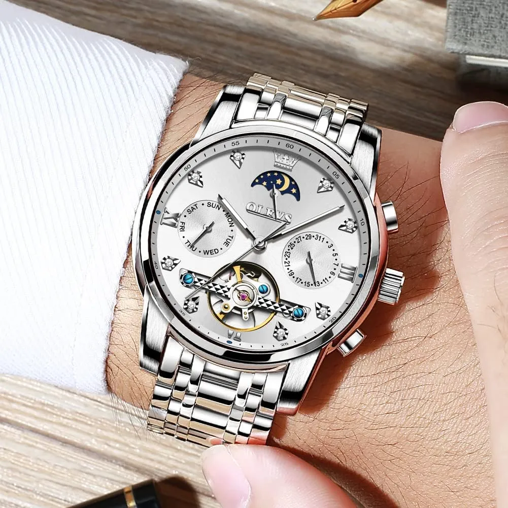 Mechanical Luxury Watch Classic Calendar Stainless Steel Waterproof arrange subject treasury waggle Mens Wrist Watch OLEVS Watches for Men Automatic Skeleton 5 Hands 