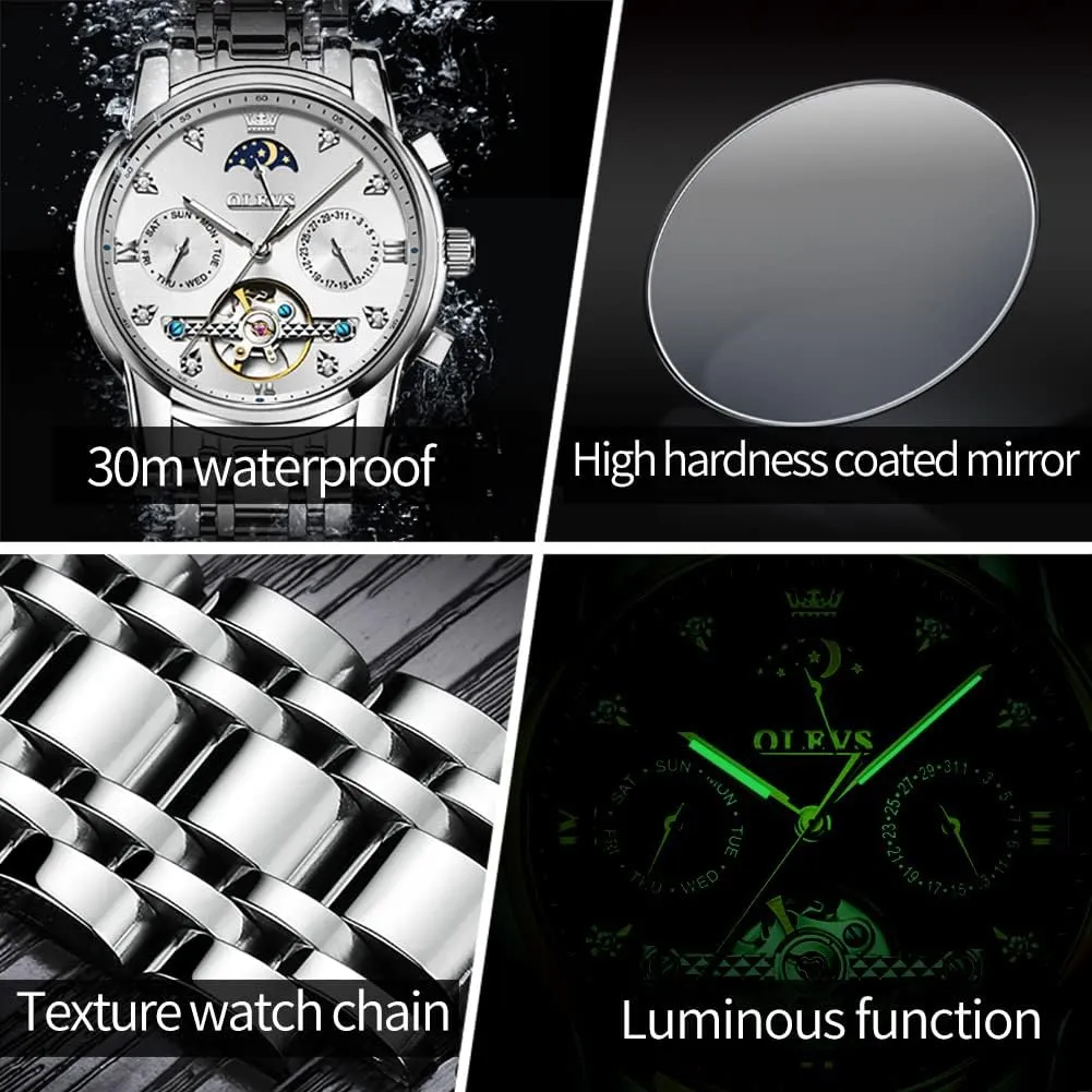Mechanical Luxury Watch Classic Calendar Stainless Steel Waterproof arrange subject treasury waggle Mens Wrist Watch OLEVS Watches for Men Automatic Skeleton 5 Hands 