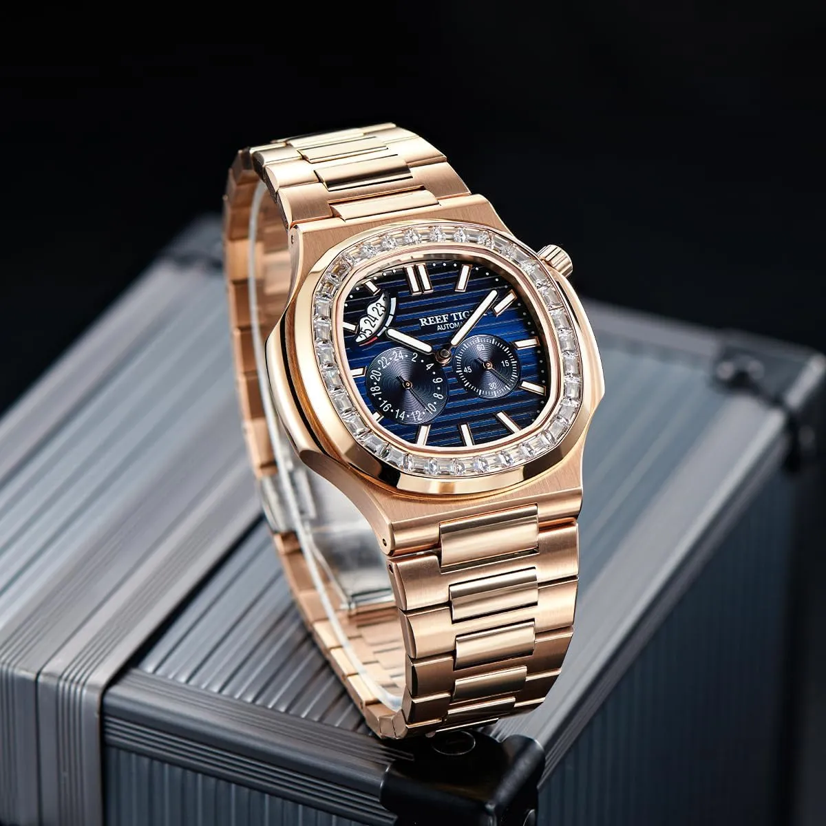Mechanical Watch Business Bracelet Wrist Watches RGA2019 tariff blink Reef Tiger Luxury Men's Square Crystal Bezel 24-Hour Multifunction Automatic 