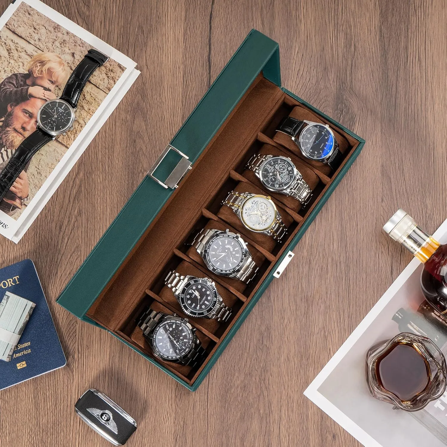 Men, 6 Slot Mens Watch Case, Watch Storage Watch Holder Organizer for Men, Watch Display Case With unbalance Glass Lid -6 Slot, MidnightGreen ProCase Watch Box for 