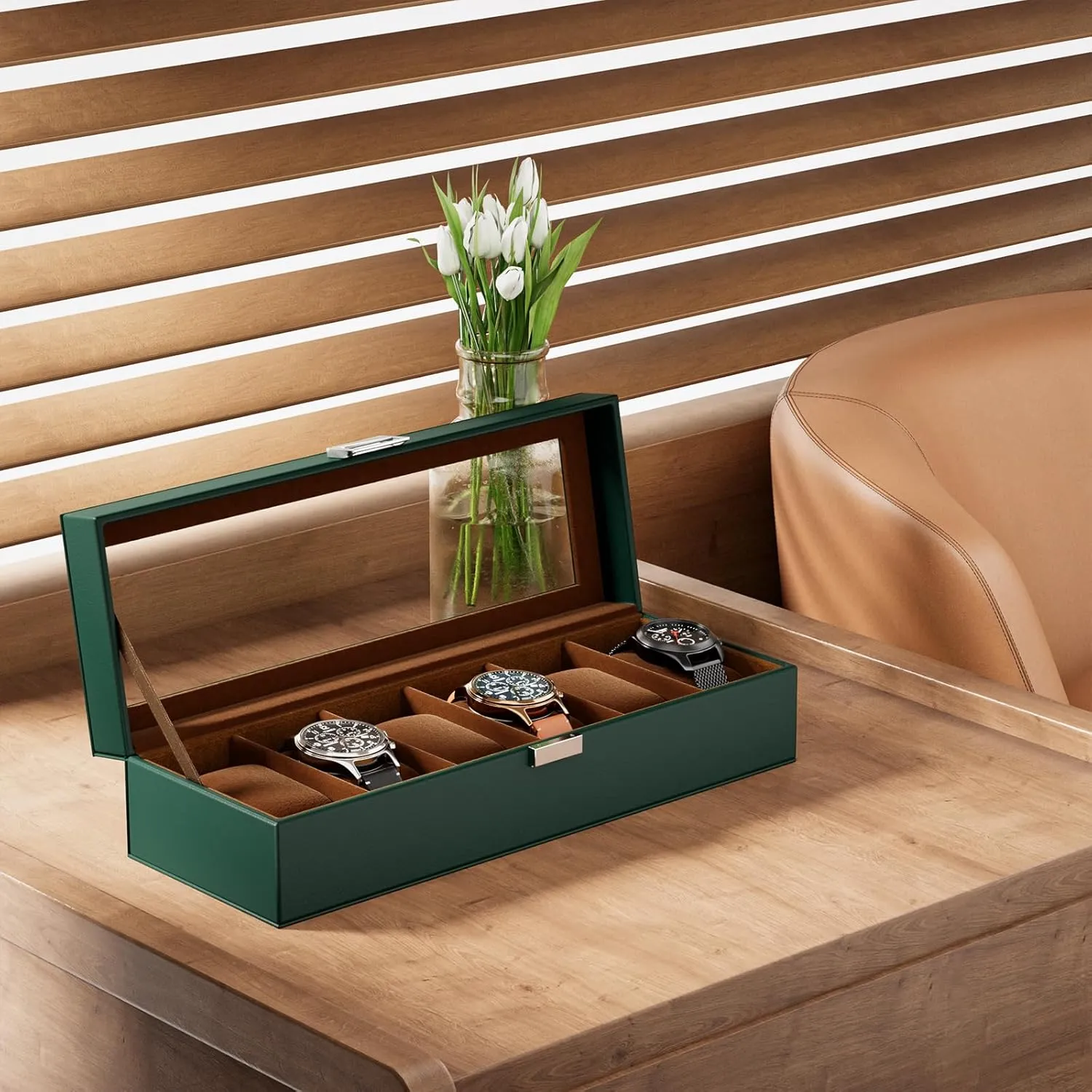Men, 6 Slot Mens Watch Case, Watch Storage Watch Holder Organizer for Men, Watch Display Case With unbalance Glass Lid -6 Slot, MidnightGreen ProCase Watch Box for 