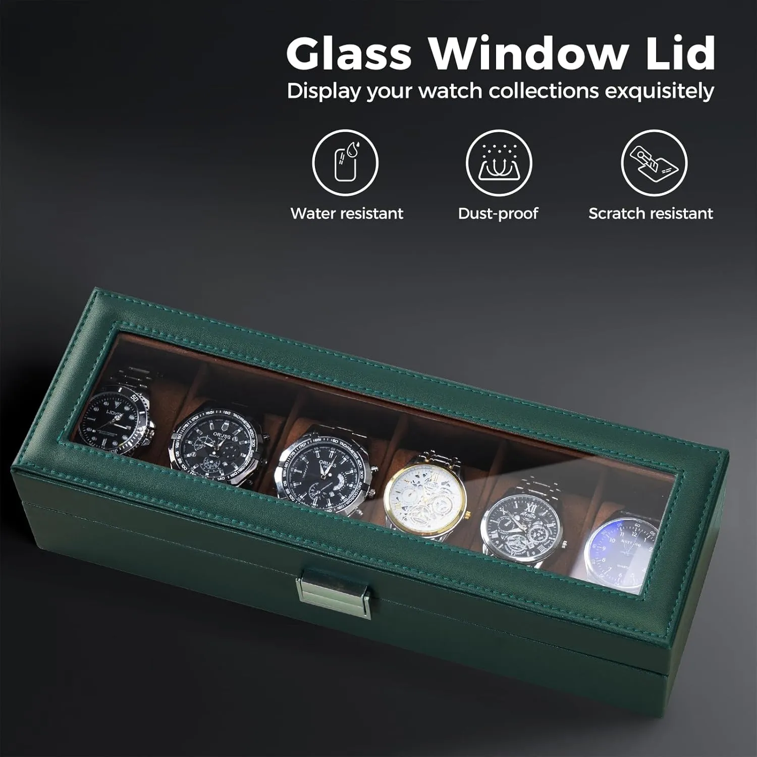 Men, 6 Slot Mens Watch Case, Watch Storage Watch Holder Organizer for Men, Watch Display Case With unbalance Glass Lid -6 Slot, MidnightGreen ProCase Watch Box for 