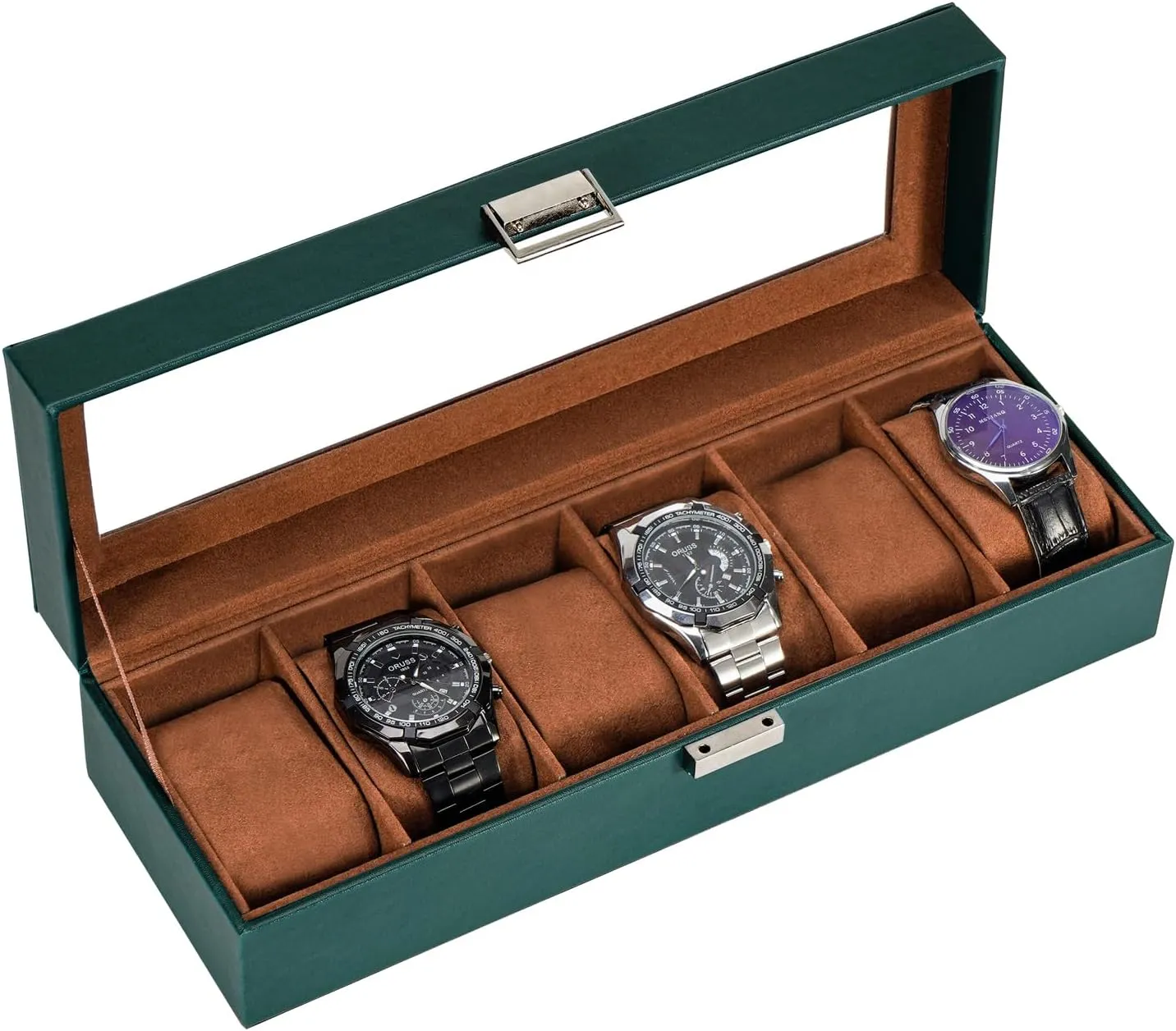 Men, 6 Slot Mens Watch Case, Watch Storage Watch Holder Organizer for Men, Watch Display Case With unbalance Glass Lid -6 Slot, MidnightGreen ProCase Watch Box for 