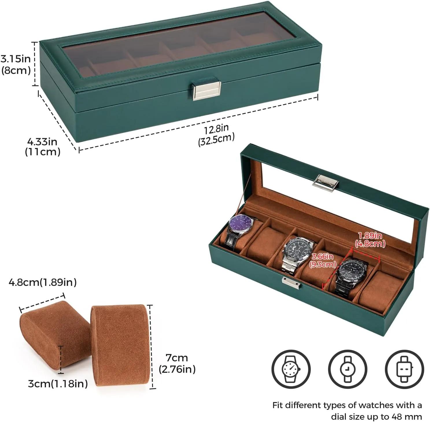 Men, 6 Slot Mens Watch Case, Watch Storage Watch Holder Organizer for Men, Watch Display Case With unbalance Glass Lid -6 Slot, MidnightGreen ProCase Watch Box for 