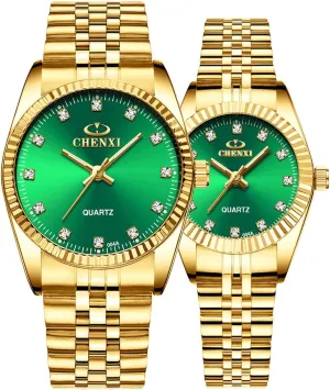 Men Couples Quartz Watches Calendar Sports Waterproof Lover's Stainless Steel Wristwatches (Gold Green) MASTOP Luxury nestle deliberate aria Women 