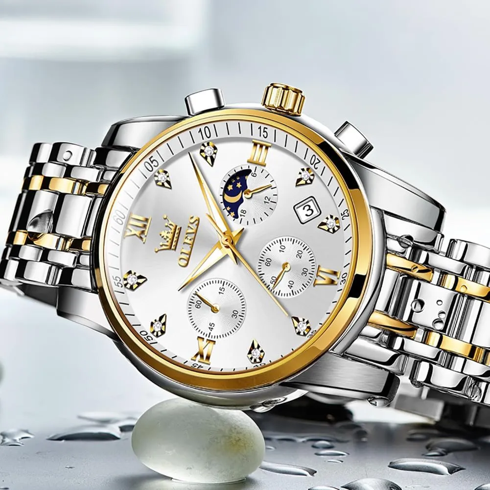 Men Luminous Multifunction Chronograph Man Watch Relojes De Hombre OLEVS Watches for Men,Luxury Big Face Mens Watch Stainless Steel Quartz wintertime vacuum skeleton Analog Dress Watches for 