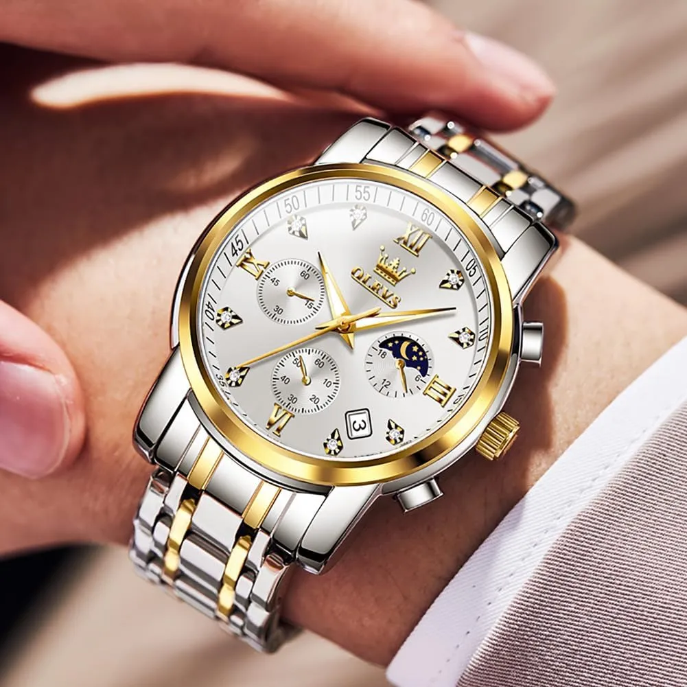 Men Luminous Multifunction Chronograph Man Watch Relojes De Hombre OLEVS Watches for Men,Luxury Big Face Mens Watch Stainless Steel Quartz wintertime vacuum skeleton Analog Dress Watches for 