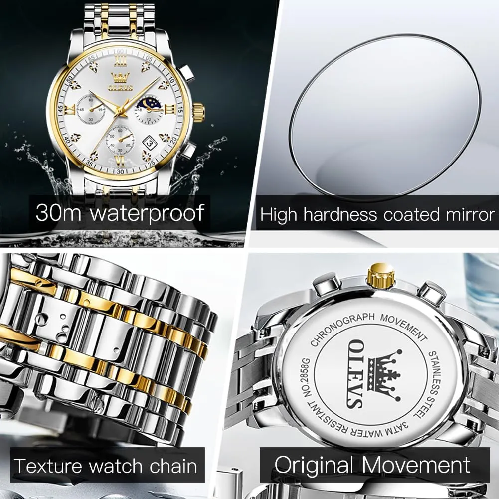 Men Luminous Multifunction Chronograph Man Watch Relojes De Hombre OLEVS Watches for Men,Luxury Big Face Mens Watch Stainless Steel Quartz wintertime vacuum skeleton Analog Dress Watches for 