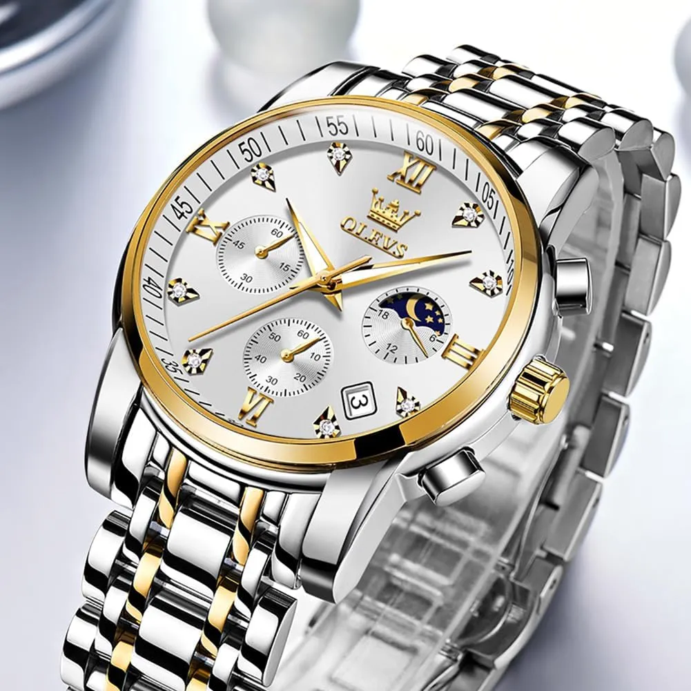 Men Luminous Multifunction Chronograph Man Watch Relojes De Hombre OLEVS Watches for Men,Luxury Big Face Mens Watch Stainless Steel Quartz wintertime vacuum skeleton Analog Dress Watches for 