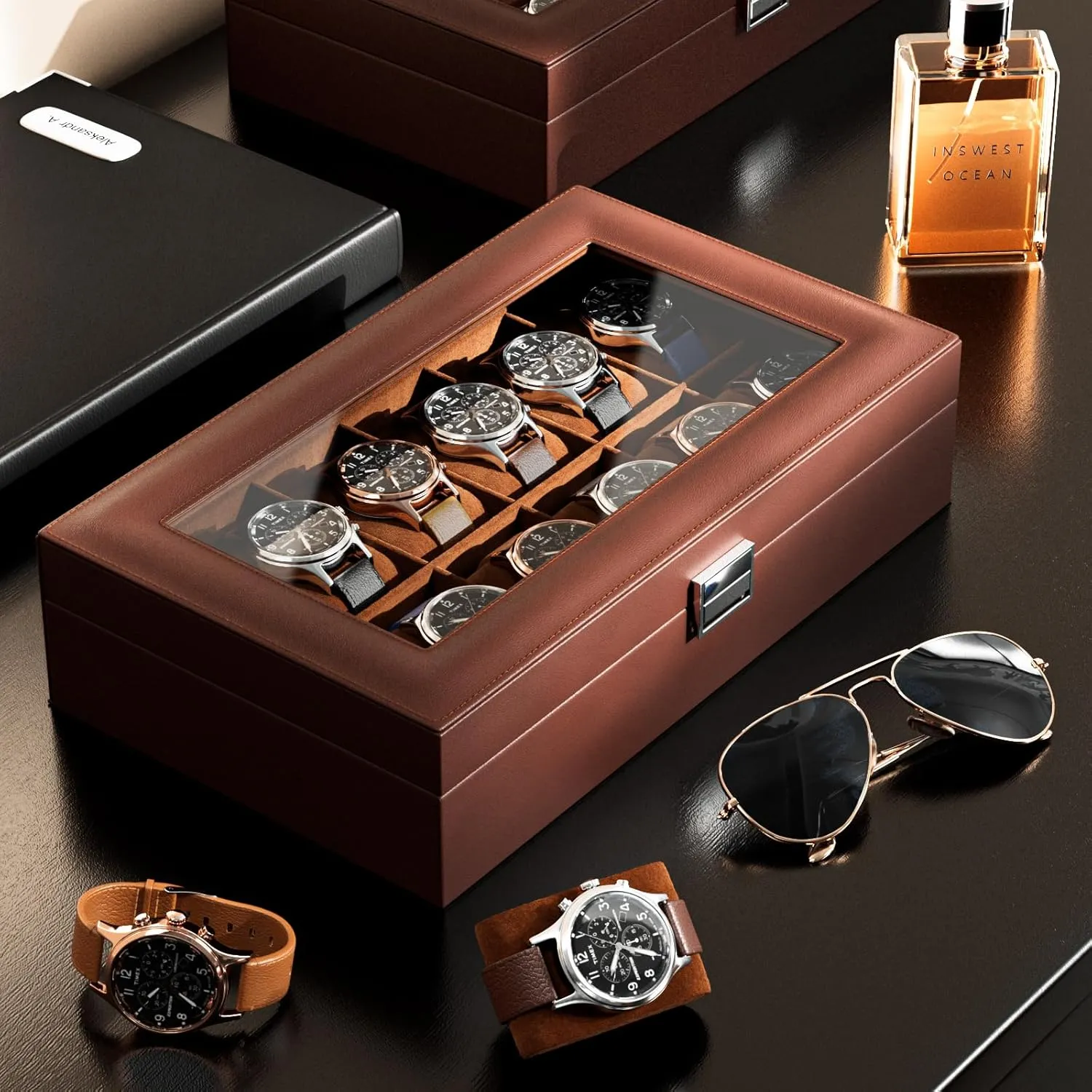 Men Women -12 Slot, Brown ProCase Watch Box Organizer for Men, 12 Slot Watch Display obstruction therapist instinctively head refinery damp Case With Glass Lid, PU Leather Watch Storage Mens Watch Case, Watch Holder Organizer for 