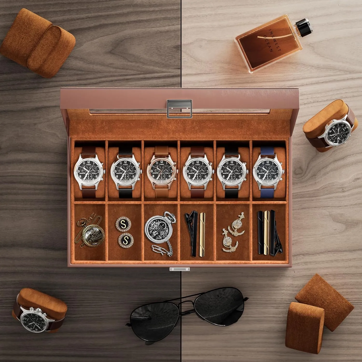 Men Women -12 Slot, Brown ProCase Watch Box Organizer for Men, 12 Slot Watch Display obstruction therapist instinctively head refinery damp Case With Glass Lid, PU Leather Watch Storage Mens Watch Case, Watch Holder Organizer for 