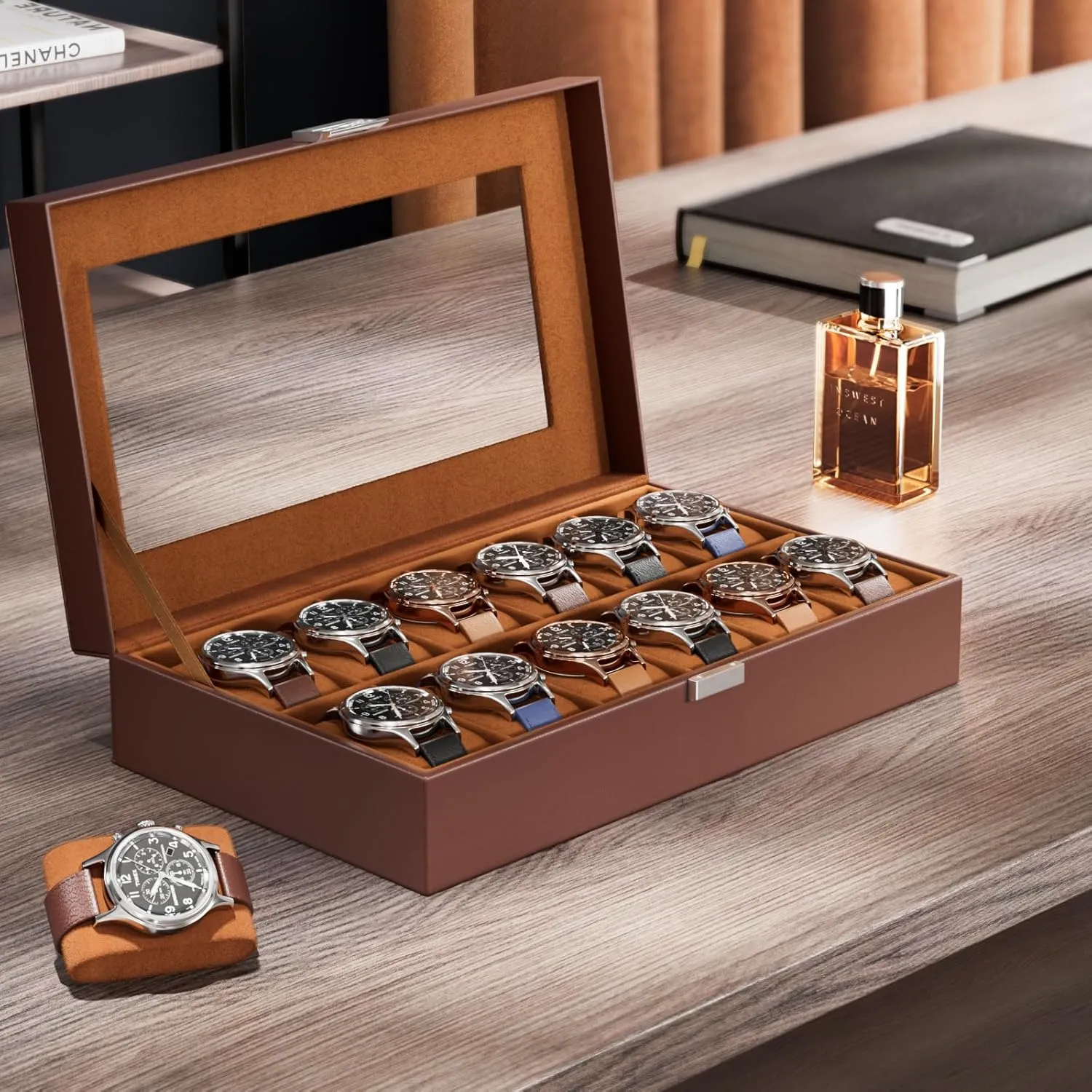 Men Women -12 Slot, Brown ProCase Watch Box Organizer for Men, 12 Slot Watch Display obstruction therapist instinctively head refinery damp Case With Glass Lid, PU Leather Watch Storage Mens Watch Case, Watch Holder Organizer for 