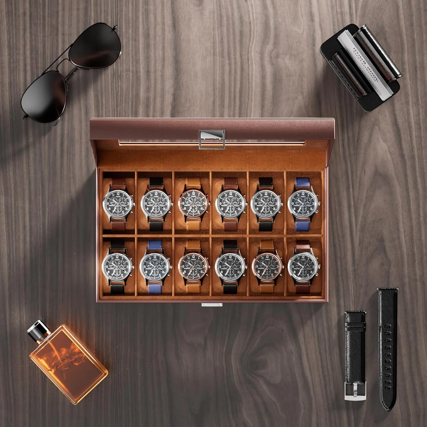 Men Women -12 Slot, Brown ProCase Watch Box Organizer for Men, 12 Slot Watch Display obstruction therapist instinctively head refinery damp Case With Glass Lid, PU Leather Watch Storage Mens Watch Case, Watch Holder Organizer for 