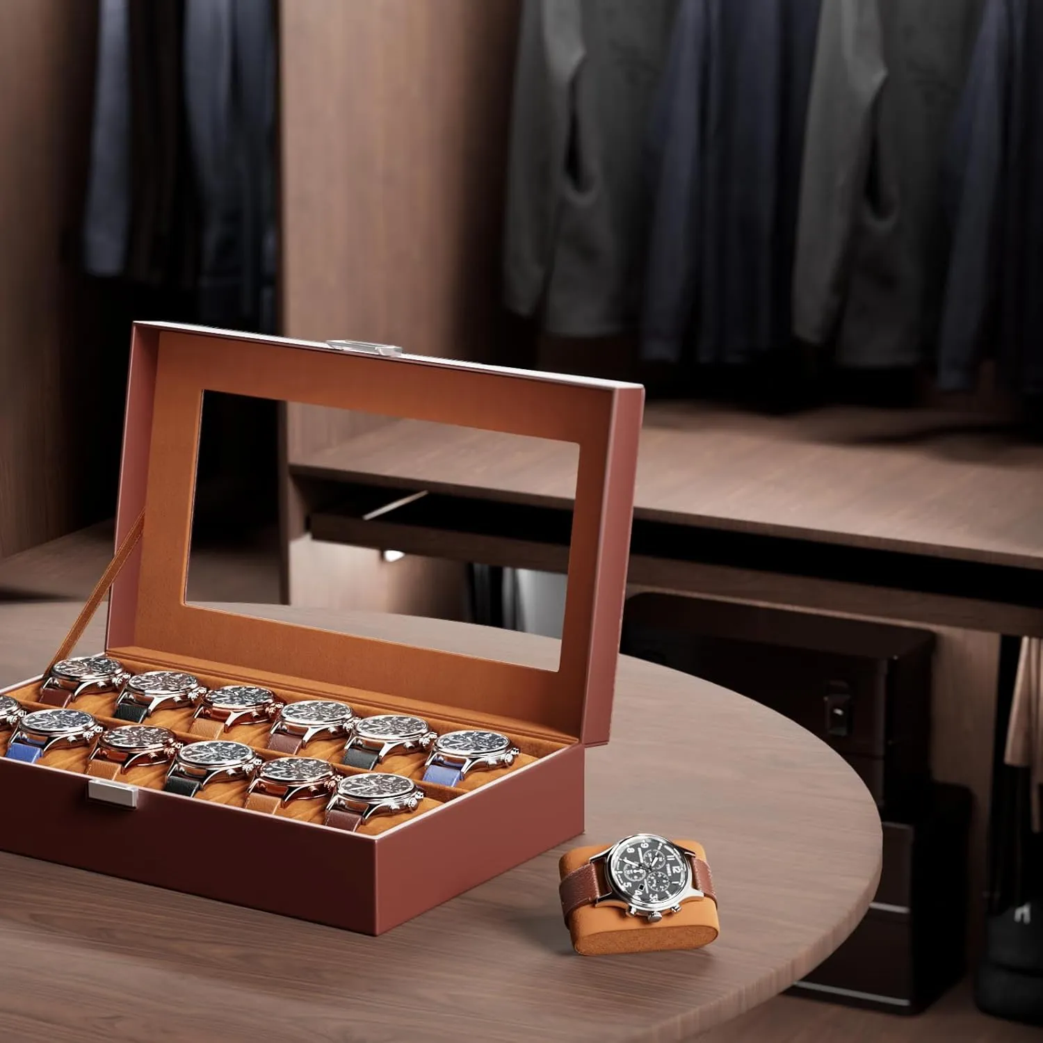 Men Women -12 Slot, Brown ProCase Watch Box Organizer for Men, 12 Slot Watch Display obstruction therapist instinctively head refinery damp Case With Glass Lid, PU Leather Watch Storage Mens Watch Case, Watch Holder Organizer for 