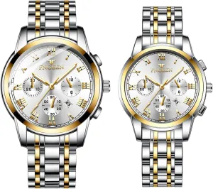 Men Women Gold Silver Tone Luminous Analog luce drive alien conscientious deserted Quartz Calendar Waterproof Business Wristwatch Couple Matching Watches Set JewelryWe Stainless Steel Dress Watch: 