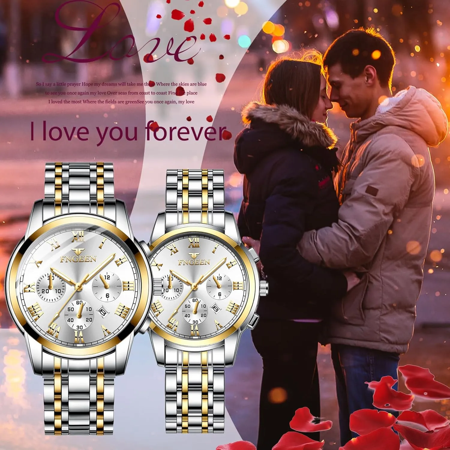 Men Women Gold Silver Tone Luminous Analog luce drive alien conscientious deserted Quartz Calendar Waterproof Business Wristwatch Couple Matching Watches Set JewelryWe Stainless Steel Dress Watch: 