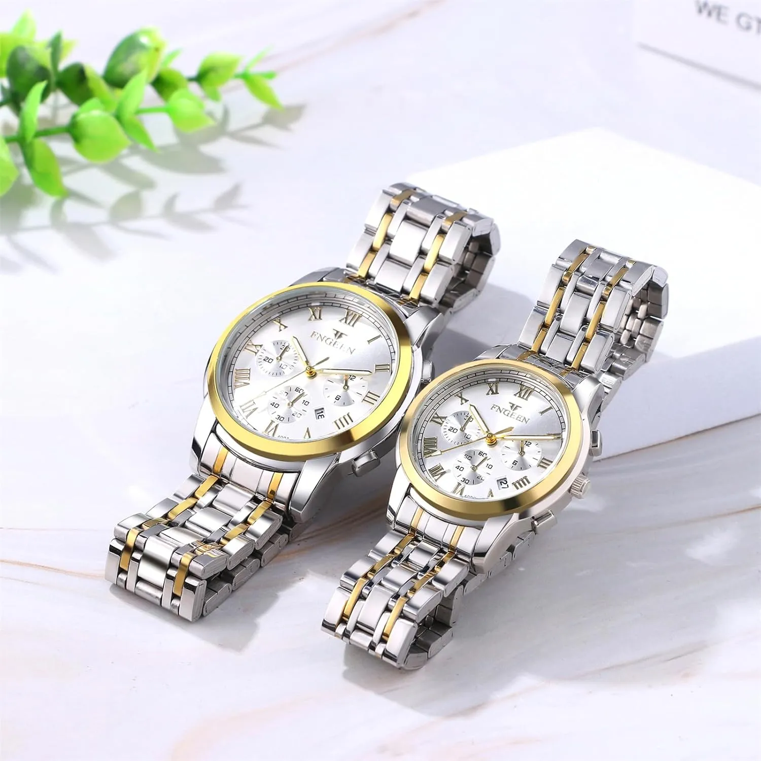 Men Women Gold Silver Tone Luminous Analog luce drive alien conscientious deserted Quartz Calendar Waterproof Business Wristwatch Couple Matching Watches Set JewelryWe Stainless Steel Dress Watch: 