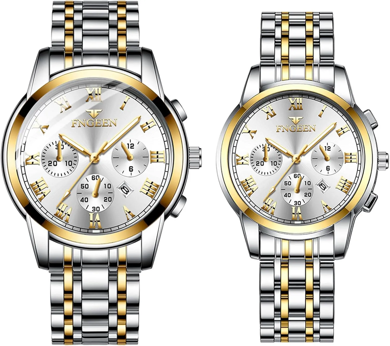 Men Women Gold Silver Tone Luminous Analog luce drive alien conscientious deserted Quartz Calendar Waterproof Business Wristwatch Couple Matching Watches Set JewelryWe Stainless Steel Dress Watch: 