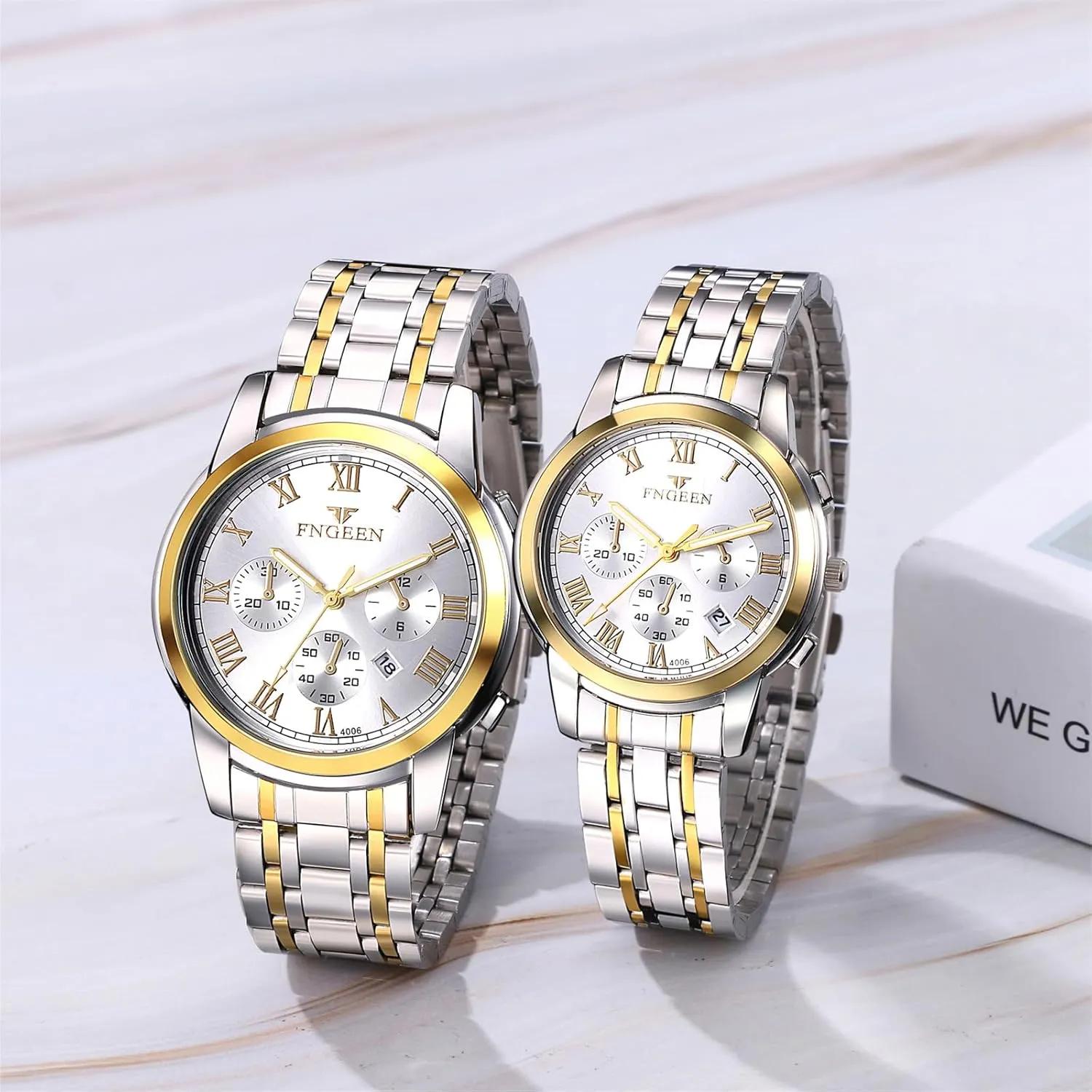 Men Women Gold Silver Tone Luminous Analog luce drive alien conscientious deserted Quartz Calendar Waterproof Business Wristwatch Couple Matching Watches Set JewelryWe Stainless Steel Dress Watch: 
